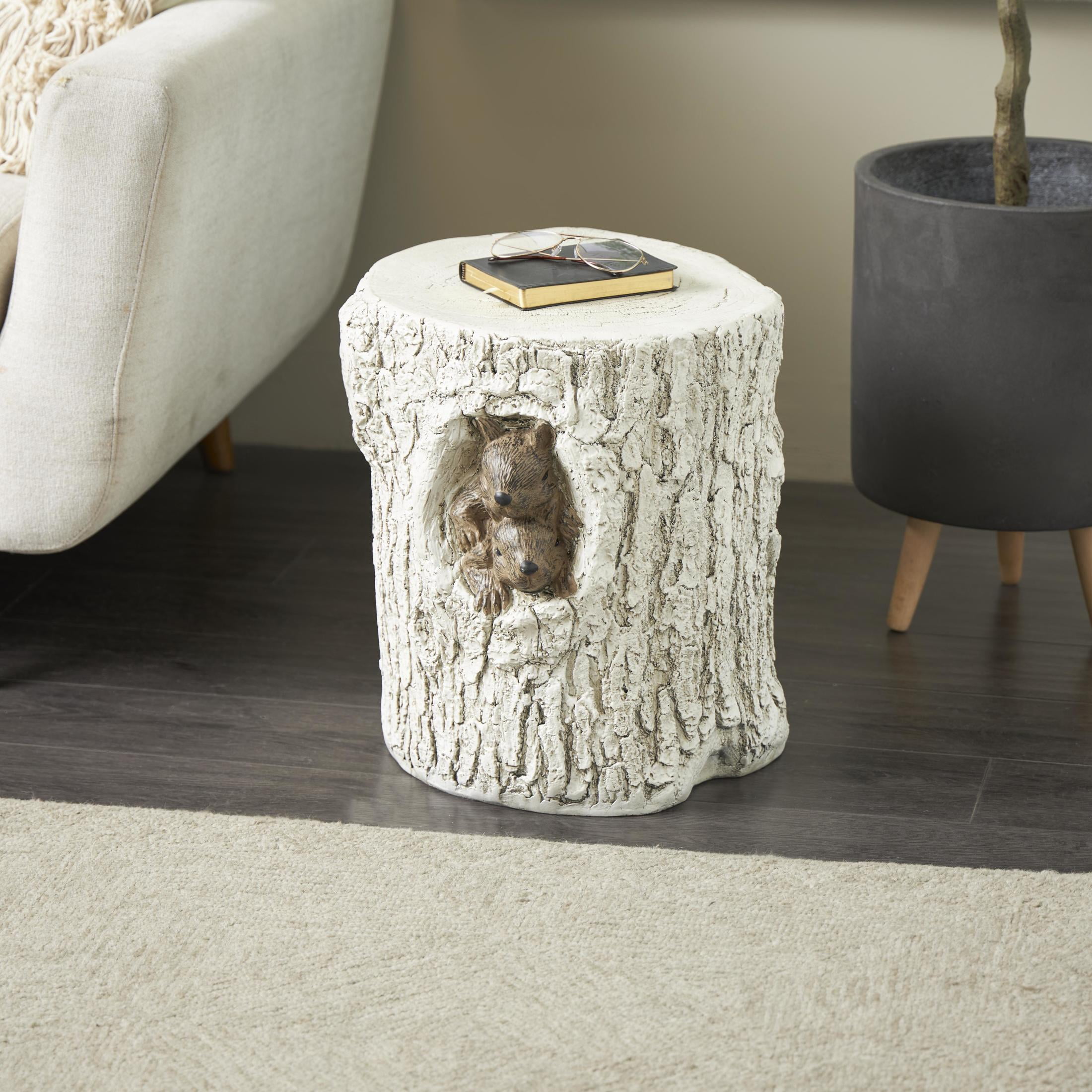 DecMode Magnesium Oxide Squirrel Tree Trunk Garden Stool with Brown Accents, White