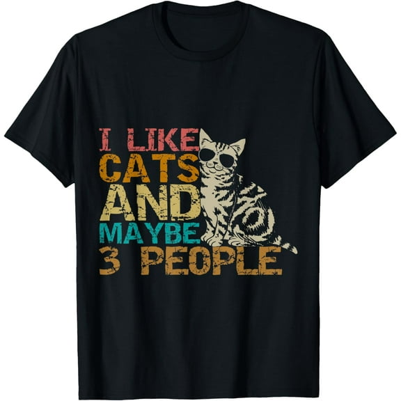 I Like Cats and Maybe 3 People Retro Vintage Funny Cat Lover T-ShirtMen and women, White Black T-shirt, size: Extra large S-975XL