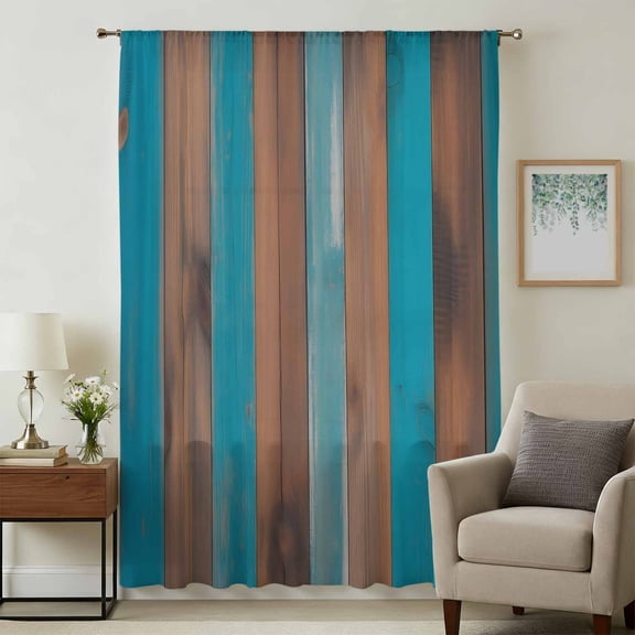 Brown Wooden Grain Sheer Curtains 63 Inches Long, Farmhouse Mottled Country Planks Light Filering Curtains, Breathable Simi Curtain Privacy Drapes for Living Room Bedroom Lightweight Window Treatment