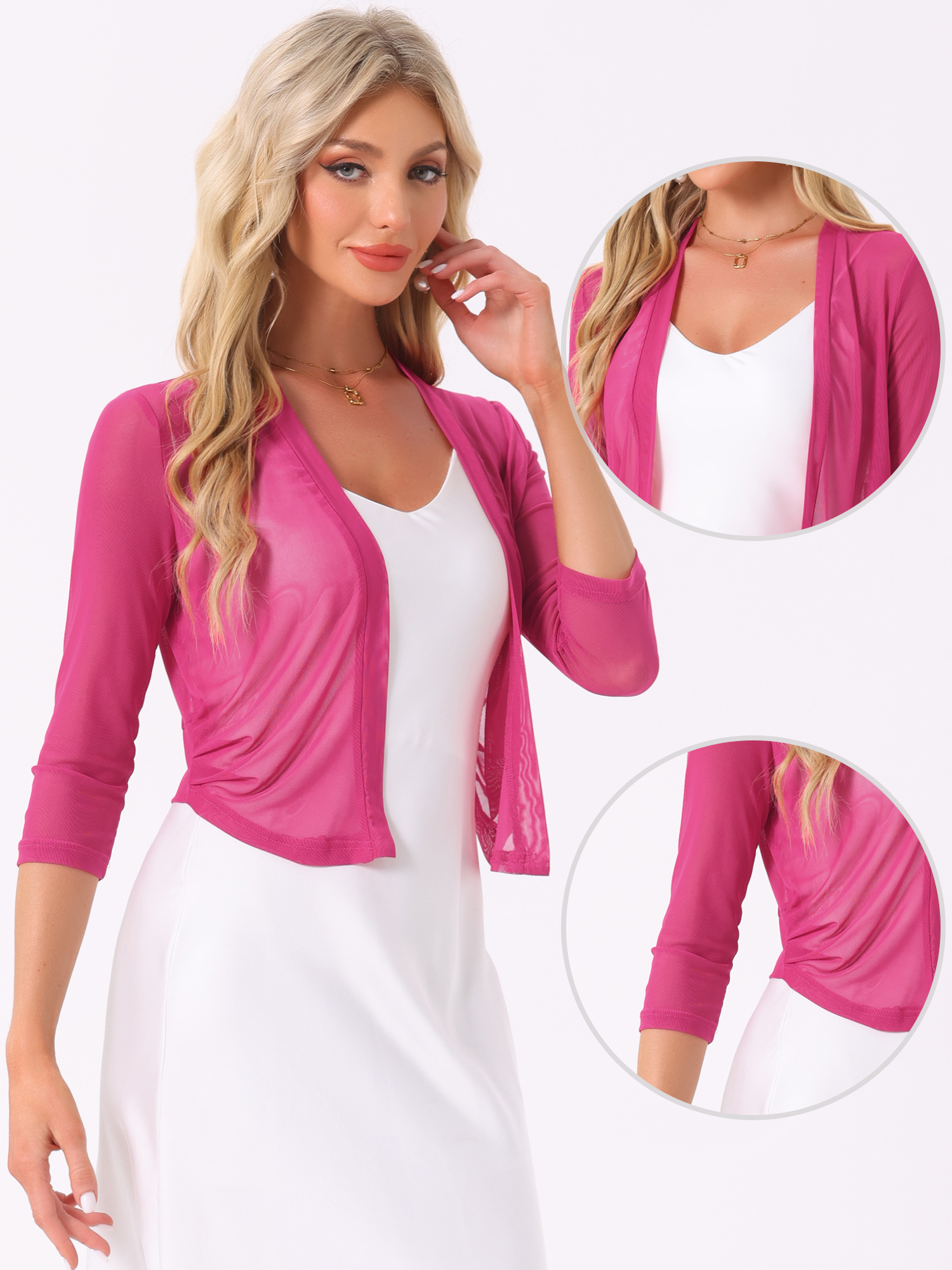 DARING DIVA Elegant Women's 3/4 Sleeve Sheer Mesh Cardigan Dresses XS Fuchsia