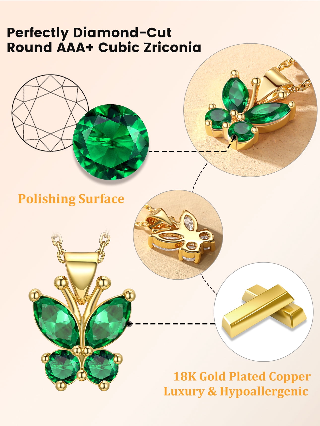 Bestyle 14K Gold Plated Butterfly Necklace for Women, Simulated Emerald Birthstone Crystal Pendant Jewelry Birthday Graduation Gifts for Her