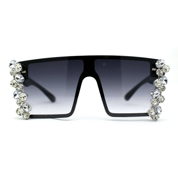 Dripping Huge Rhinestone Flat Top Shield Oversize Sunglasses Black Smoke