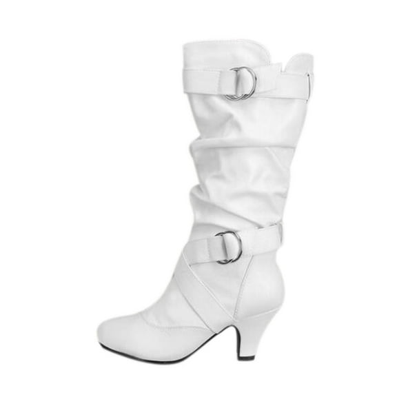 Gyexs Slouchy Boots for Women Knee High Low Hidden Mid Calf Boots Suede Line Side Zipper Buckle Boots White Size 7.5