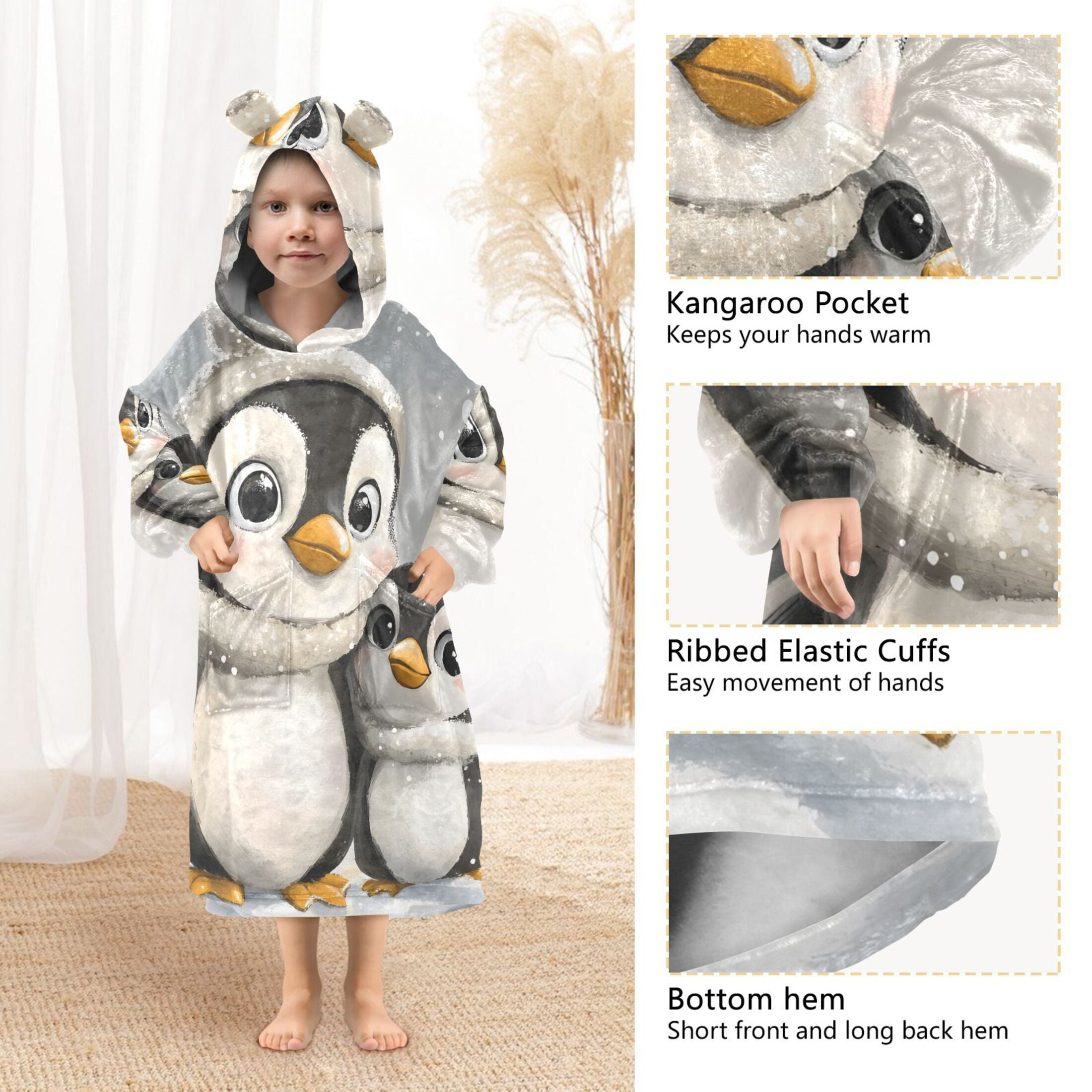 joogoo Wearable Blanket Hoodie for Kids Cute Penguins Flannel Oversized Sweatshirt 3-14 Years M