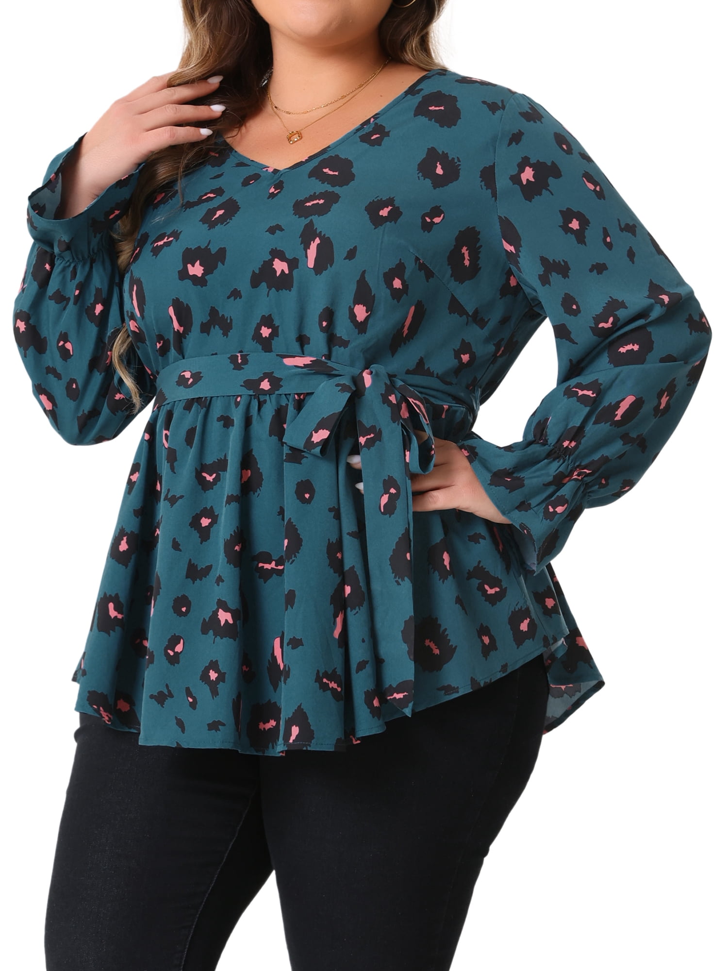 DARING DIVA Women's Plus Graphic Print Belted Long Sleeve V Neck Top 1X Teal Blue