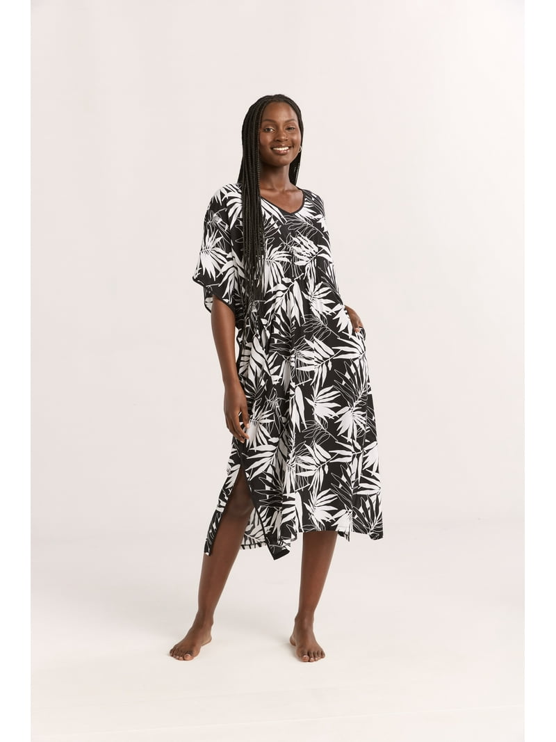 Joyspun Women's Woven Caftan Nightgown 46 inch Maxi Sleepwear with