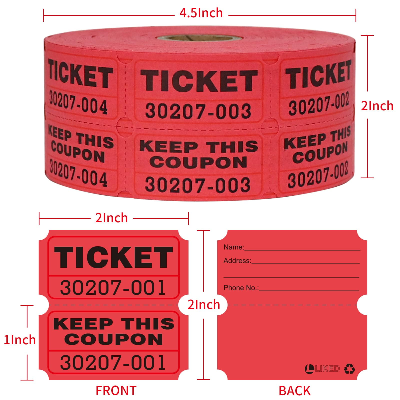 L LIKED Raffle Tickets Double Rolls 1000 per Roll 50/50 Raffle Tickets for Events, Entry, Class Reward, Fundraiser & Prizes(Red)