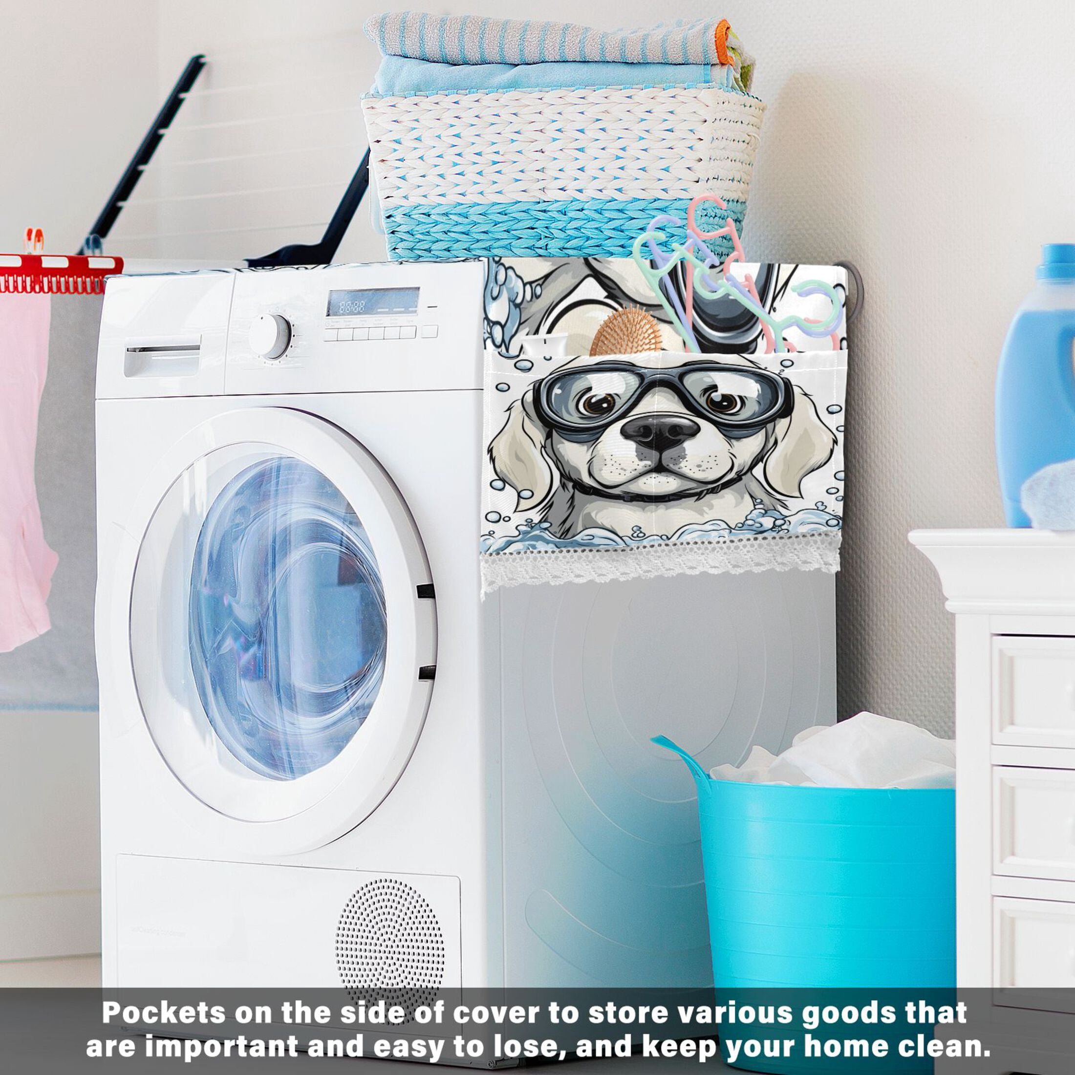 Washing Machine Cover 51.2x22in, Durable Polyester Dust Cover with Lace Trim and Side Pocket for Appliances Cartoon White Labrador
