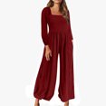 thumbnail image 2 of aidice Summer Jumpsuits for Women Square Neck Long Sleeve Smocked Comfy Loose High Waisted Pants Rompers, 2 of 6