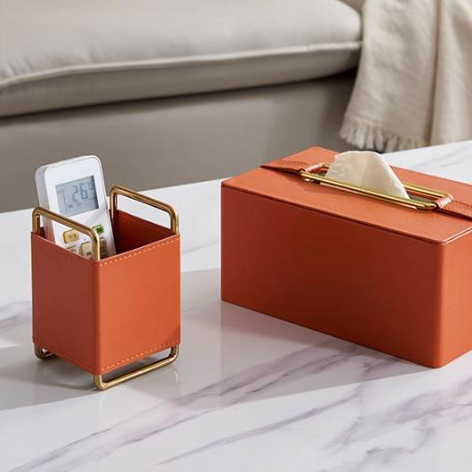 Modern Leather Desk Organizer Remotes Caddy Tabletop Desktop Office Supplies Desk Accessories Holder, Remote Control Storage Box, Pen Holder Desktop Decoration