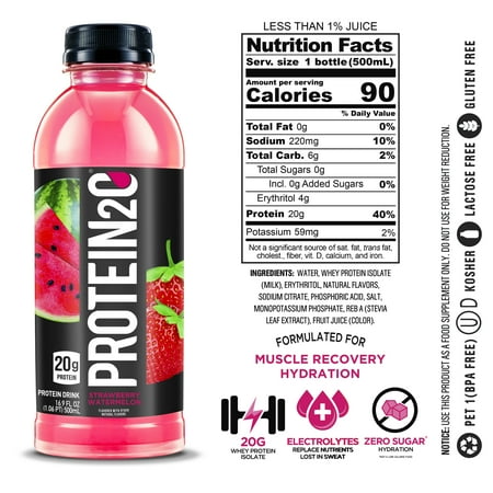 Protein2o 20g Whey Protein Infused Water Plus Electrolytes, Strawberry Watermelon, 16.9 fl Oz (Pack of 12)