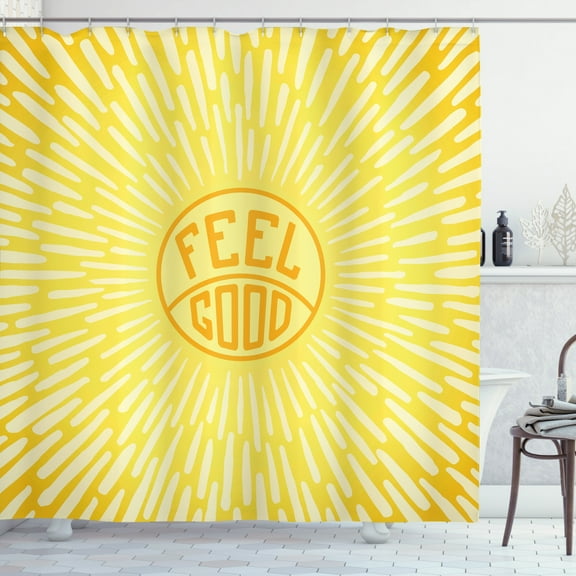 Saying Shower Curtain, Positive Message Text in a Circle with Radially Sunbeams Retro Design, Fabric Bathroom Set with Hooks, 69W X 75L Inches Long, Yellow Orange Cream, by Ambesonne