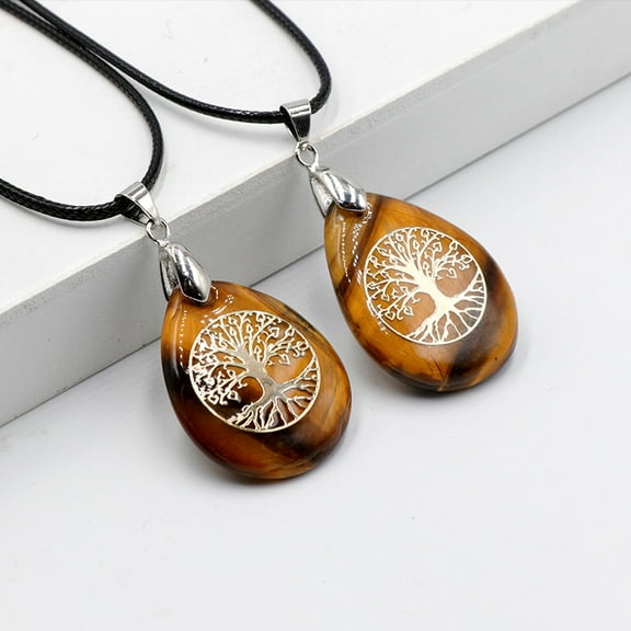 Natural Tiger Eye Pendant Necklaces Imitation Leather Cord Necklaces for Women 17.72 inch(45cm)