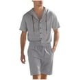 thumbnail image 2 of YHAJDS Mens 2 Piece Outfits Solid Color Linen Button Hooded Short Sleeve Shirt Shorts Summer Mens Beach Outfit Casual Vacation, 2 of 5