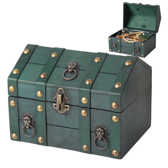 Vintage Wooden Treasure Chest, Antique Emerald Green Decorative Storage Box, Memory Keepsake Jewelry Organizer with Lock Clasp for Home Decor, 9.4 x 6.7 x 7.1 in