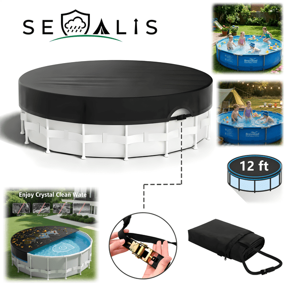 Seralis 12' Round Pool Cover with Winch & Cable Solar Cover for Above Ground Pools UV Resistant Waterproof Black