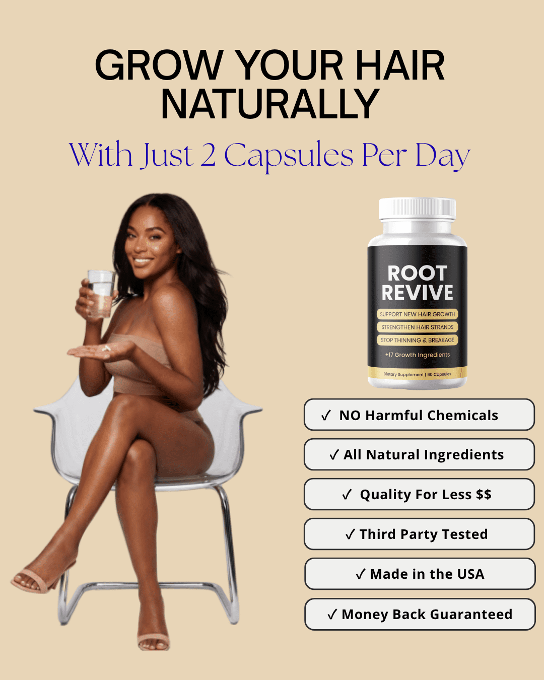 Root Revive Hair Growth Formula, 60 Capsules with Biotin, Vitamins and Herbal Blend - Made in the USA