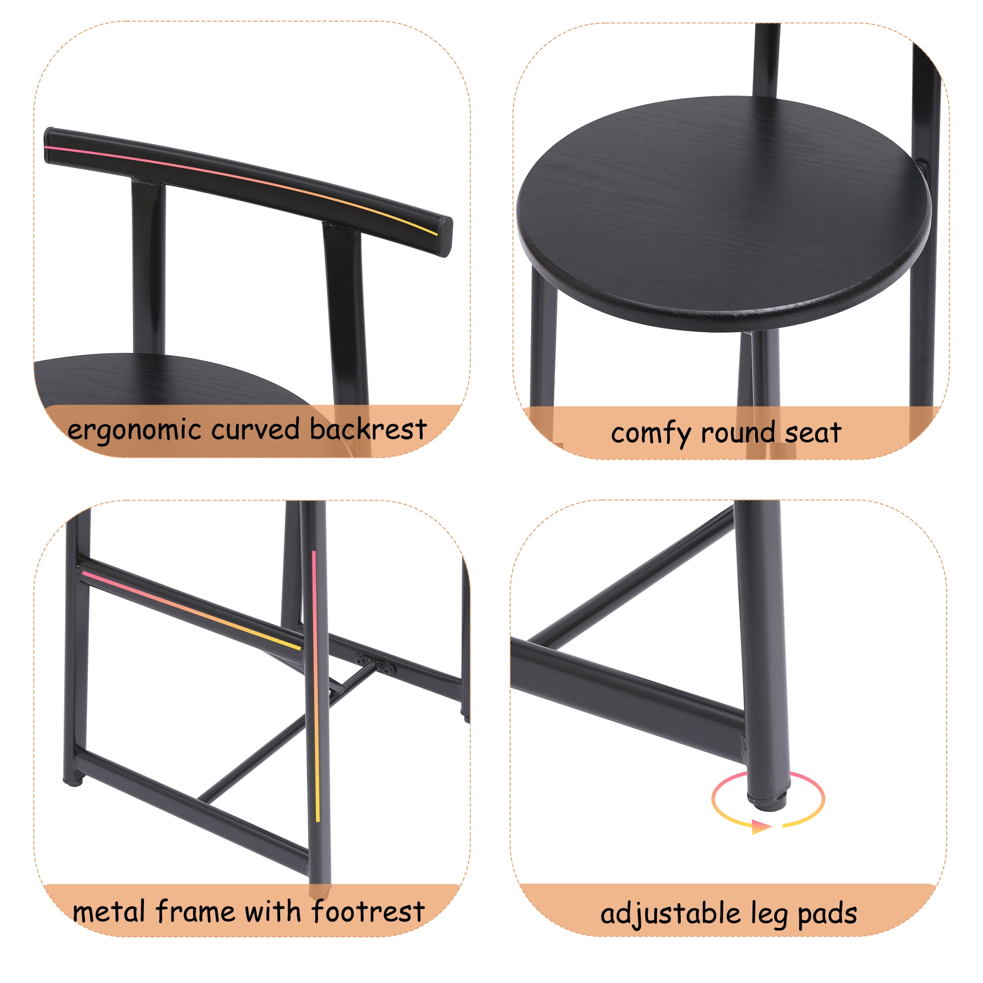 Wooden Round Bar Stools Set of 3 with Footrest 27 Inch Counter Height MDF Seat and Black Metal Frame for Kitchen Island Dining