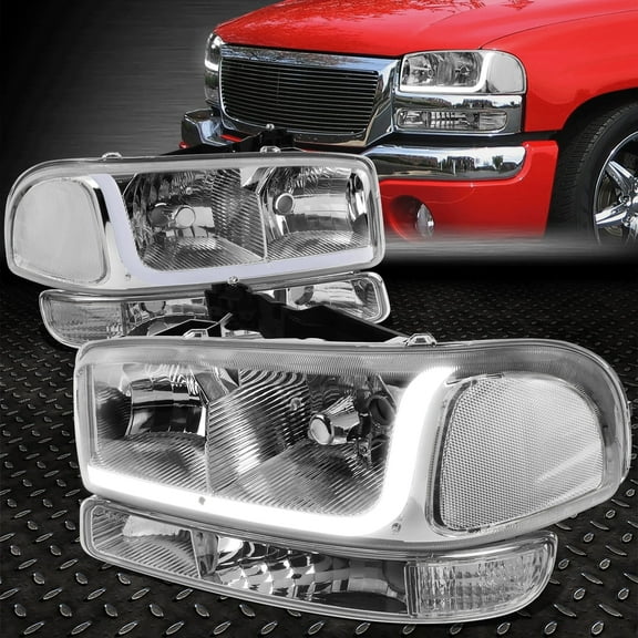 Nuvision for 99-07 GMC Sierra Yukon LED DRL Chrome Clear Headlights W/Bumper Signal Lamps