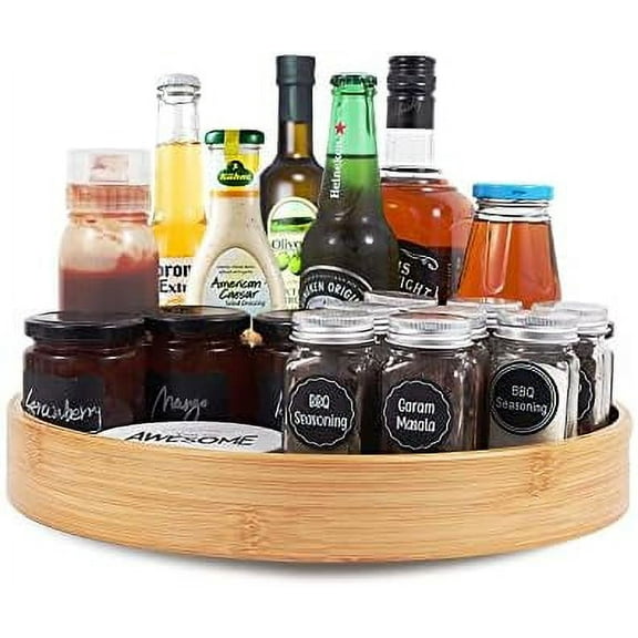 Organizer 14 inch, Bamboo Lazy Susan for Table, Kitchen Turntable Organizer with Double Handles, Round Wood Rotating Turntable Spice Organizer for Countertop Cabinet or Pantry
