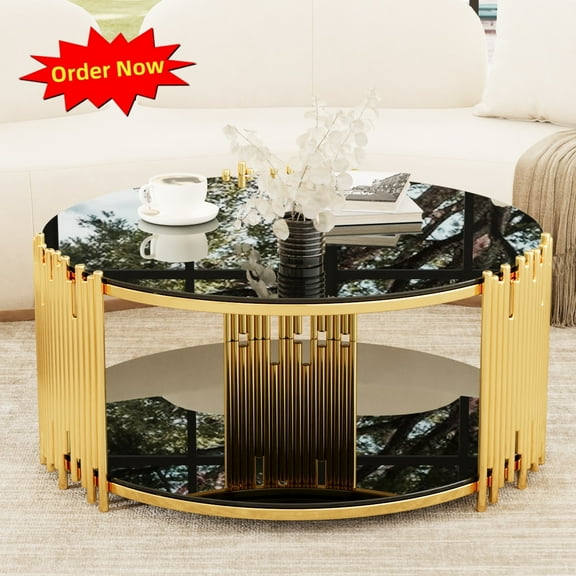 Tcbosik 36" Round Coffee Table, 2-Tier Round Cocktail Table with Glass Top and Metal Frame, Center Table with Storage Shelf for Living Room, Black