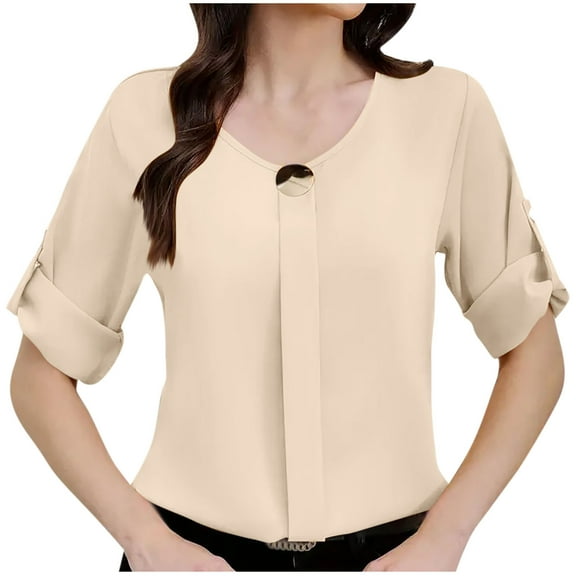 Womens Dress Shirts Fashion Solid Color Button Crewneck Long Sleeves Loose Comfy Casual Tees Blouses & Shirt Tops Beige Medium