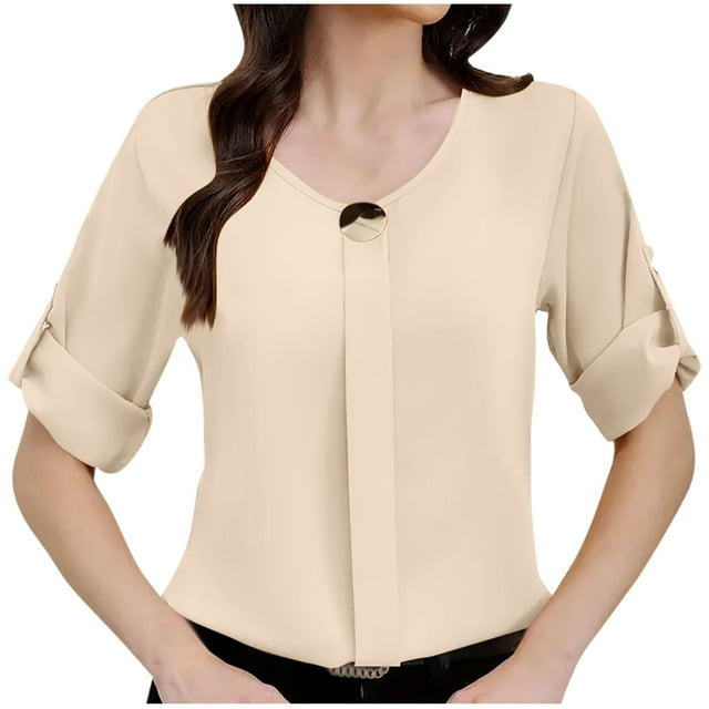 aidice Hauts d'Été pour Femmes Col Rond Manches Longues Décontracté Ample Confortable Blouses de Travail Couleur Unie