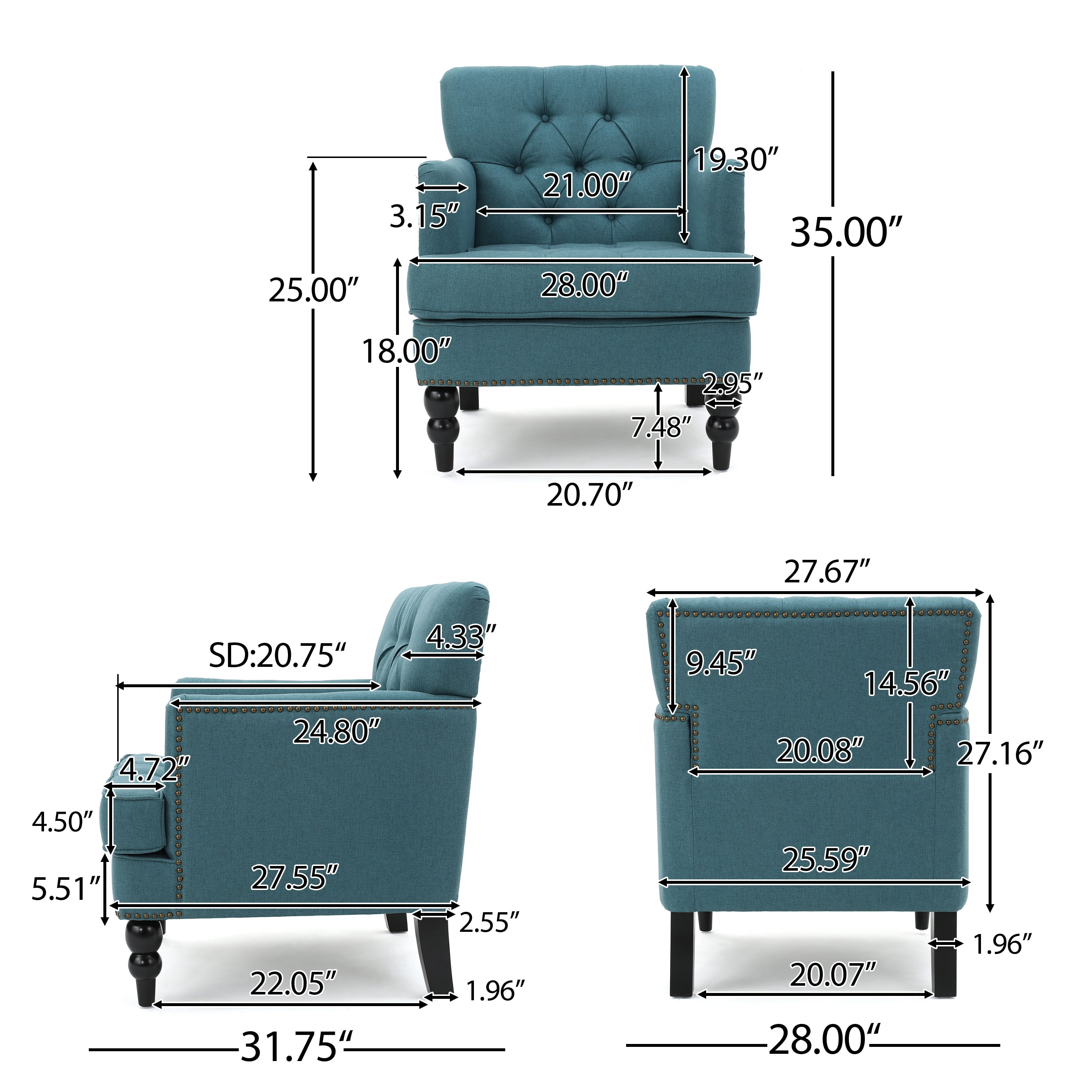 Noble House Madrid Dark Teal Fabric Club Chair, Blue