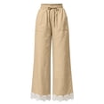 thumbnail image 4 of Women's Lightweight Lace Hem Beach Pants Ruffle Elastic Waist Wide Leg Palazzo Pants Textured Summer Pockets Casual Pants Fashion Bottoms Khaki, 4 of 7