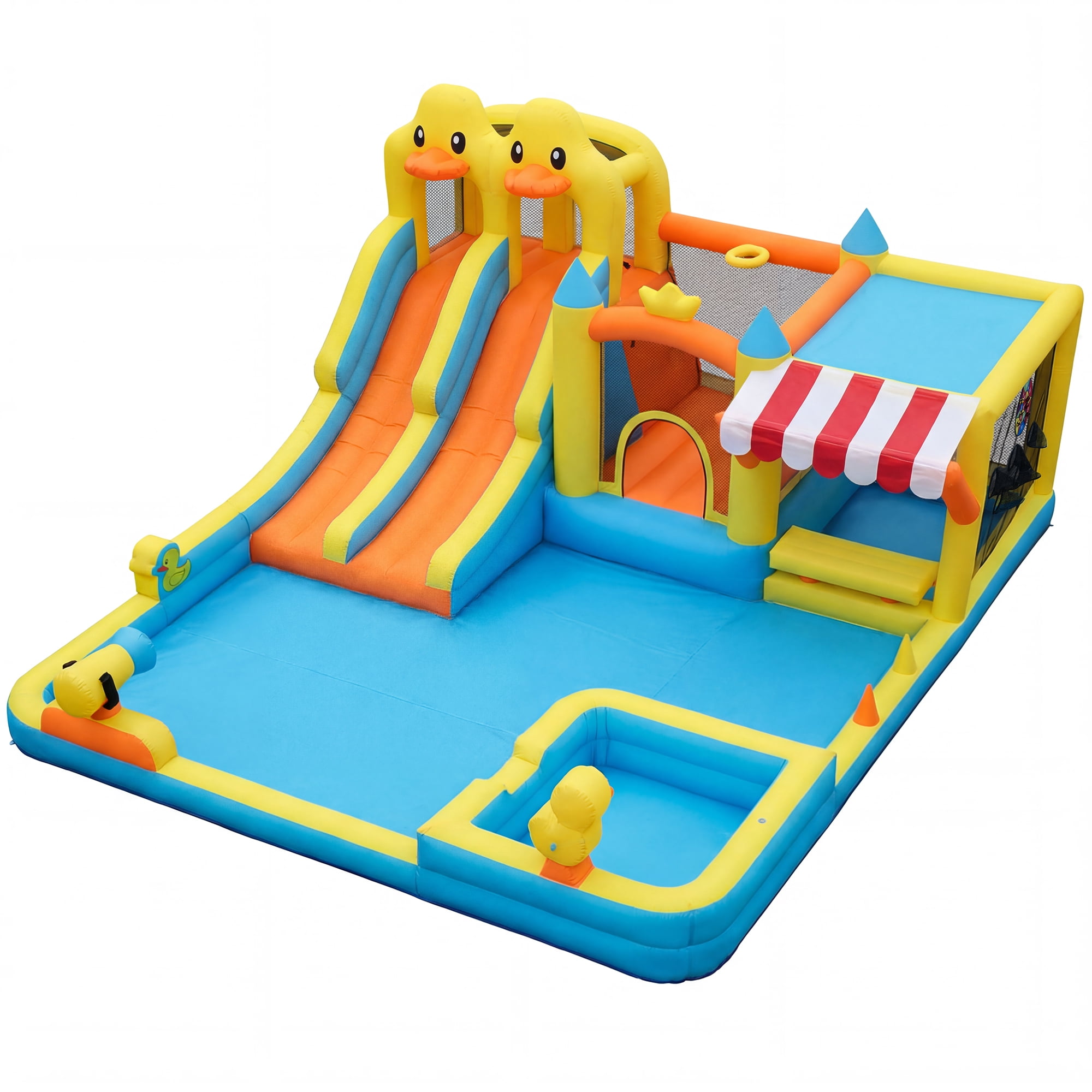 KloKick Cute Duck Inflatable Water Park with Dual Pools, Slide, Basketball Hoop & 2 Water Guns