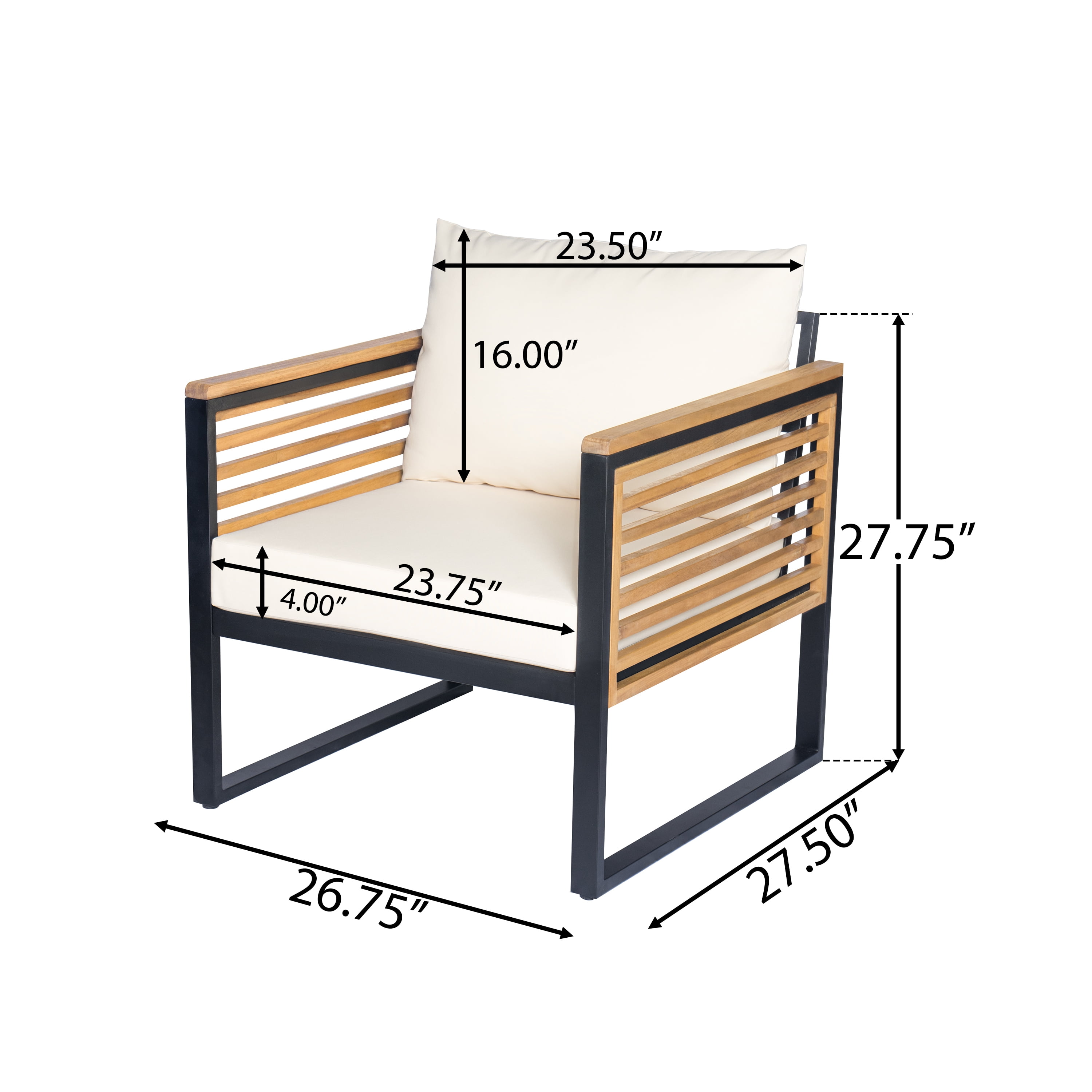 Cushioned Patio Chairs Set of 2, Outdoor Acacia Wood and Metal Seating Chairs for Garden, Black and Beige