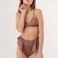 thumbnail image 2 of 2 piezas de lencería con volantes ropa de dormir cuello en V cierre frontal sujetador pantalones cortos elásticos conjunto de lencería de satén suave marrón L, 2 of 6