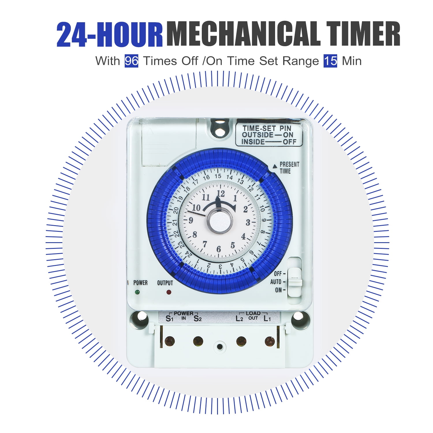 24-Hour Mechanical Timer Battery 15-Minute Intervals Push Pins Non Power Failure 15A Time Switch Din Ideal For Lights Led Cfl Canada