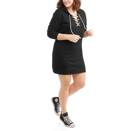 Juniors' Plus Long Sleeve Lace Up Hooded Sweatshirt Dress