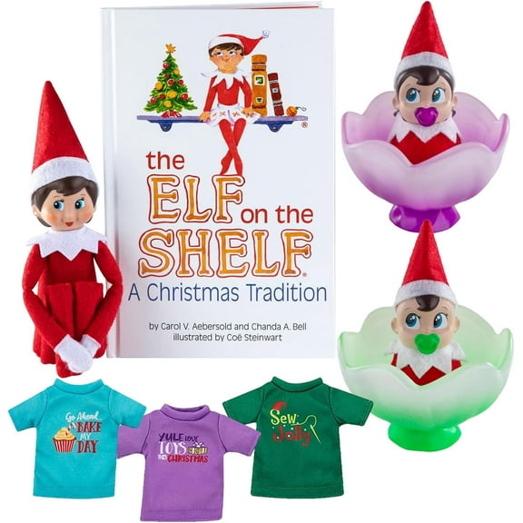 The Elf on the Shelf Holiday Magic Bundle: Light-Tone Girl Scout Elf, Frost Pips Boy & Girl, and 3 Elf T-Shirts