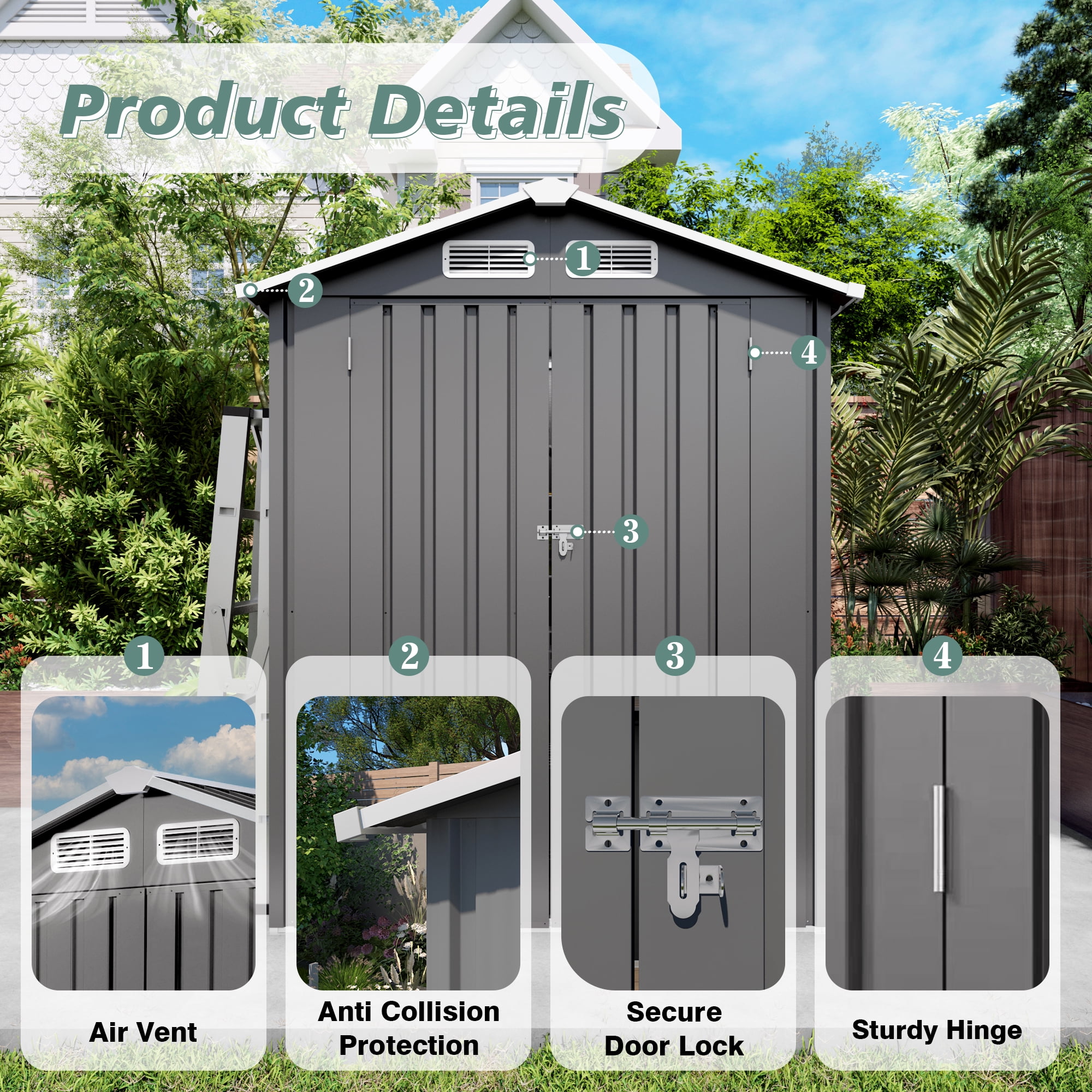 Vigo huseeo 5x3x6FT Metal Sheds & Outdoor Storage, Tool Shed for Patio Backyard Garden (Gray)