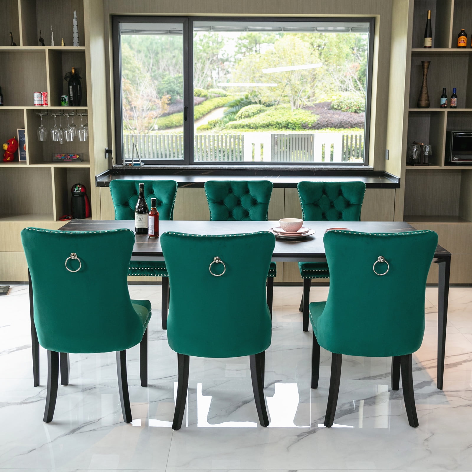 Leumius Dining Chairs Set of 2, Velvet Upholstered Kitchen Side Chairs with Ring Pull Trim and Button Back, Solid Wood Luxury Dining Room Chair for Living Room, Bedroom, Kitchen, Green