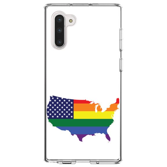 DistinctInk Clear Shockproof Hybrid Case for Samsung Galaxy Note 10 (6.3" Screen) - TPU Bumper, Acrylic Back, Tempered Glass Screen Protector - US Map Gay Pride Flag - LGBTQ Support