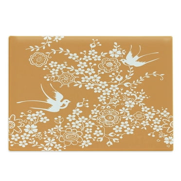 Japanese Cutting Board, Oriental Floral Japanese Style Flying Birds Pastel Colored Spring Pattern, Decorative Tempered Glass Cutting and Serving Board, Large Size, Marigold White, by Ambesonne