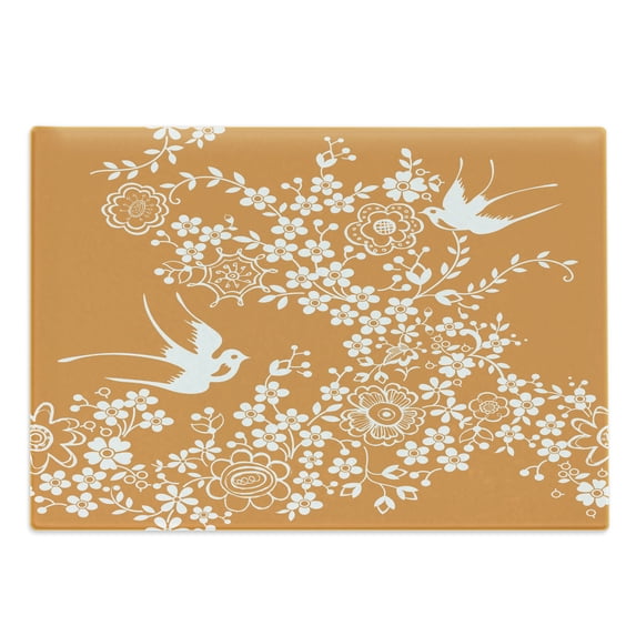 Japanese Cutting Board, Oriental Floral Japanese Style Flying Birds Pastel Colored Spring Pattern, Decorative Tempered Glass Cutting and Serving Board, Large Size, Marigold White, by Ambesonne