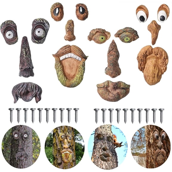 4 Pack Tree Faces Decor Outdoor with 20 Screws, Tree Face Outdoor Statues Old Ma