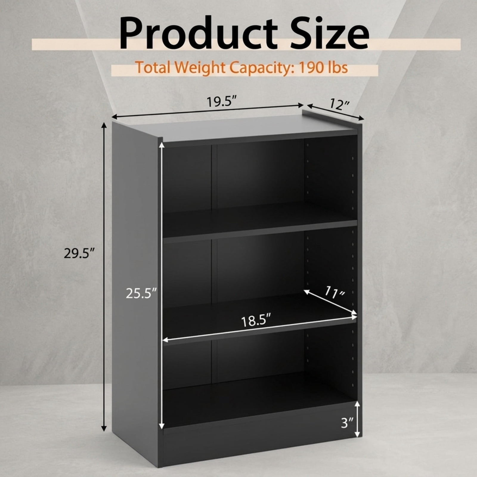 Furnibear 3-Tier Open Display Bookcase with 18-Position Adjustable Shelves Raised Cabinet Top and Anti-Toppling Device for Home Office, Black