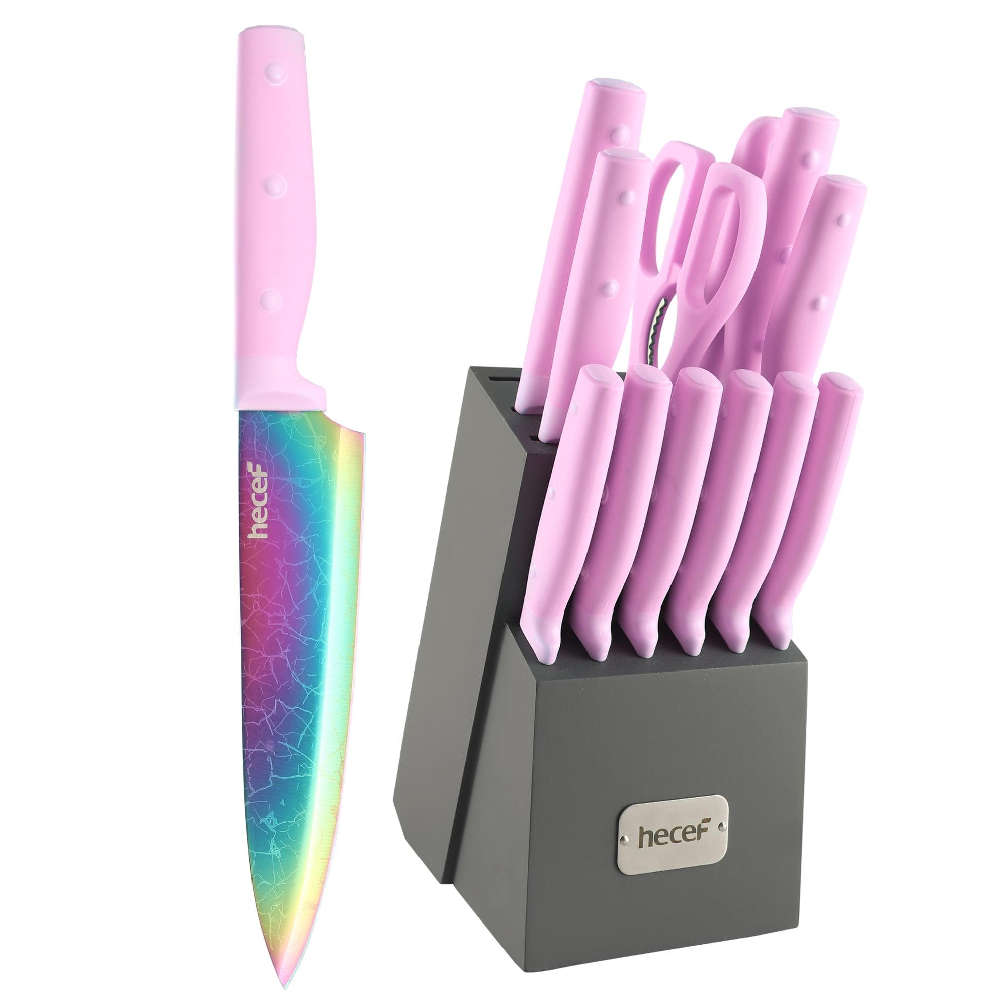 Hecef 14-Piece Stainless Steel Kitchen Knife Set with Rainbow Titanium Coating Slicing Chef Knives