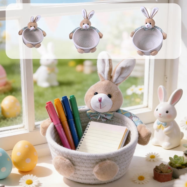 Juego de 3 cestas de almacenamiento para conejos de Pascua, contenedores organizadores de cuerda de algodón tejido para caramelos, decoración de escritorio y mesa festiva