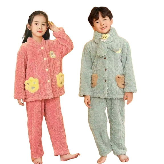 Godderr Kids Baby Girls Boys 2Pcs Fleece Pajama Pants Set,12M-8Y Toddler Winter Warm Button Sleepwear Outfits Newborn Fashion Thick Loungewear Clothes Outfits