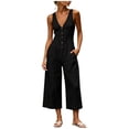 thumbnail image 2 of IUYRTFE Women Cotton Linen V Neck Button Down Jumpsuit Sleeveless Wide Leg Romper with Pockets, 2 of 7