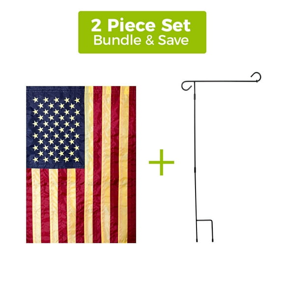 Briarwood Lane Tea Stained Embroidered American Garden Flag   3-Piece Garden Flag Stand Set