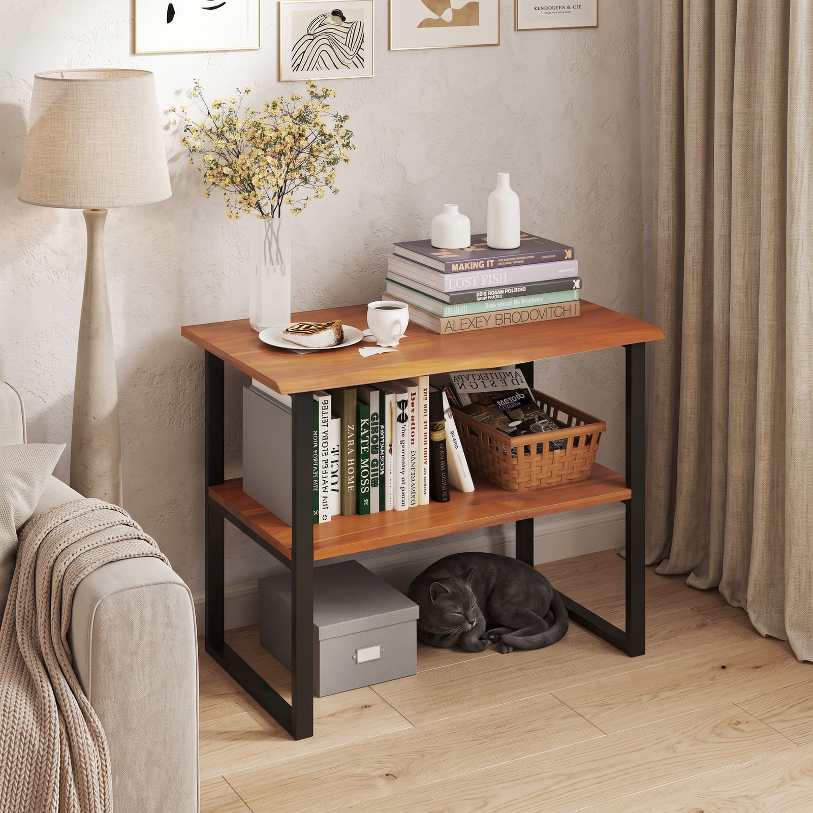 Furnibear 2-Tier Teak Wood End Table, Sofa Side Table with Open Storage Shelf for Living Room Bedroom Hallway Laundry Room, Waterproof Nightstand, Natural and Black