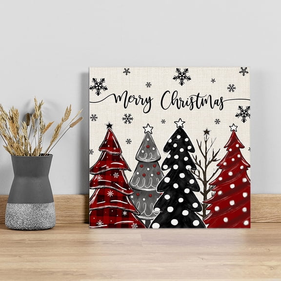 Red Black Christmas Tree Wall Art Painting on Canvas, Xmas Tree Snowflake Rustic Canvas Art Home Prints Wall Art Framed Modern Artwork for Living Room Bedroom Wall Decor 16x16in