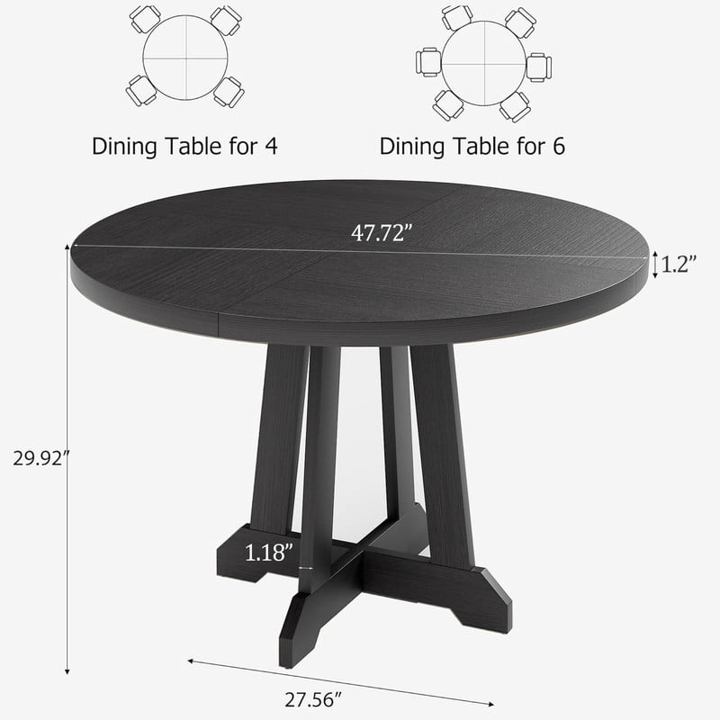 TROPOW Round Dining Table, 47 Inch Dining Table for 4-6, Farmhouse Kitchen Table with Wood Pedestal Cross Base, Thick 1.2'' Tabletop 300LB, Adjustable Feet